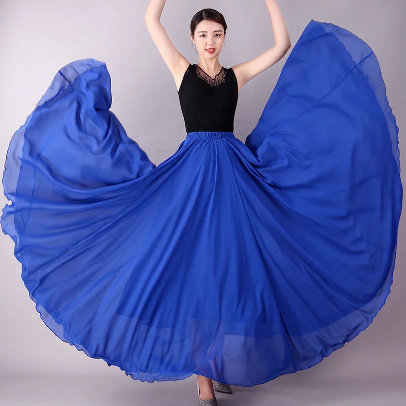 Jupe de danse longue plissée en mousseline de soie pour femme, résistante, couleur unie, taille haute, grande balançoire, été 720