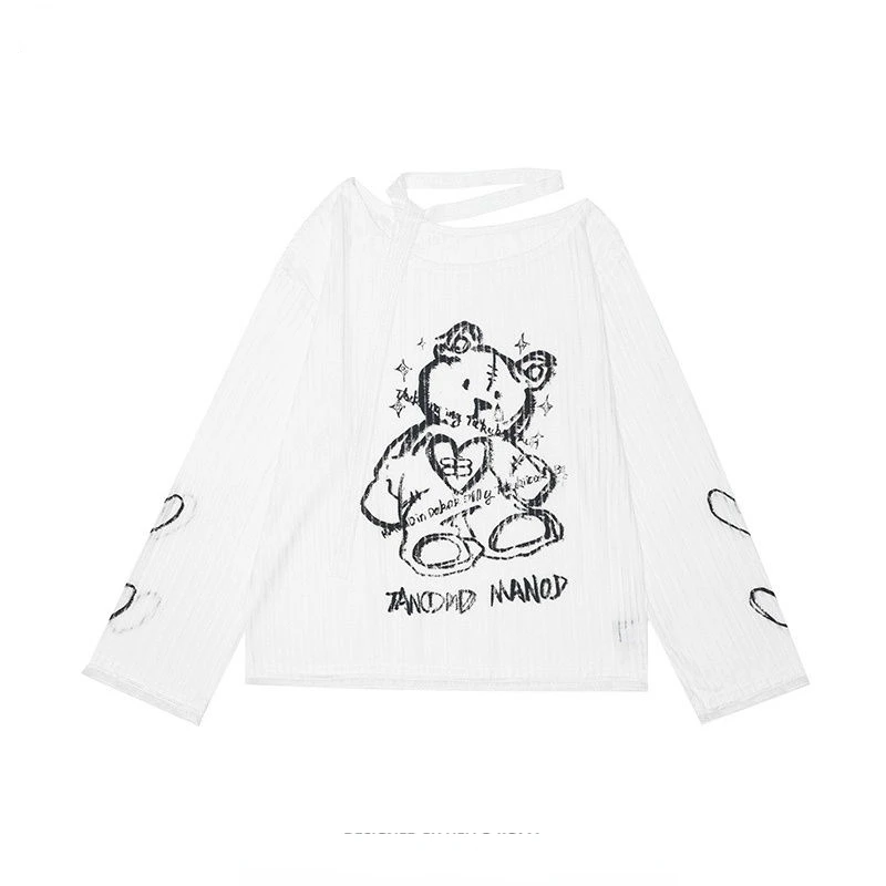 Slash Neck Off Shoulder Loose Camisetas Y2k Cartoon Bear Print Kawaii Tops Women Tshirts Korean Tees Sweet Preppy Style Casual