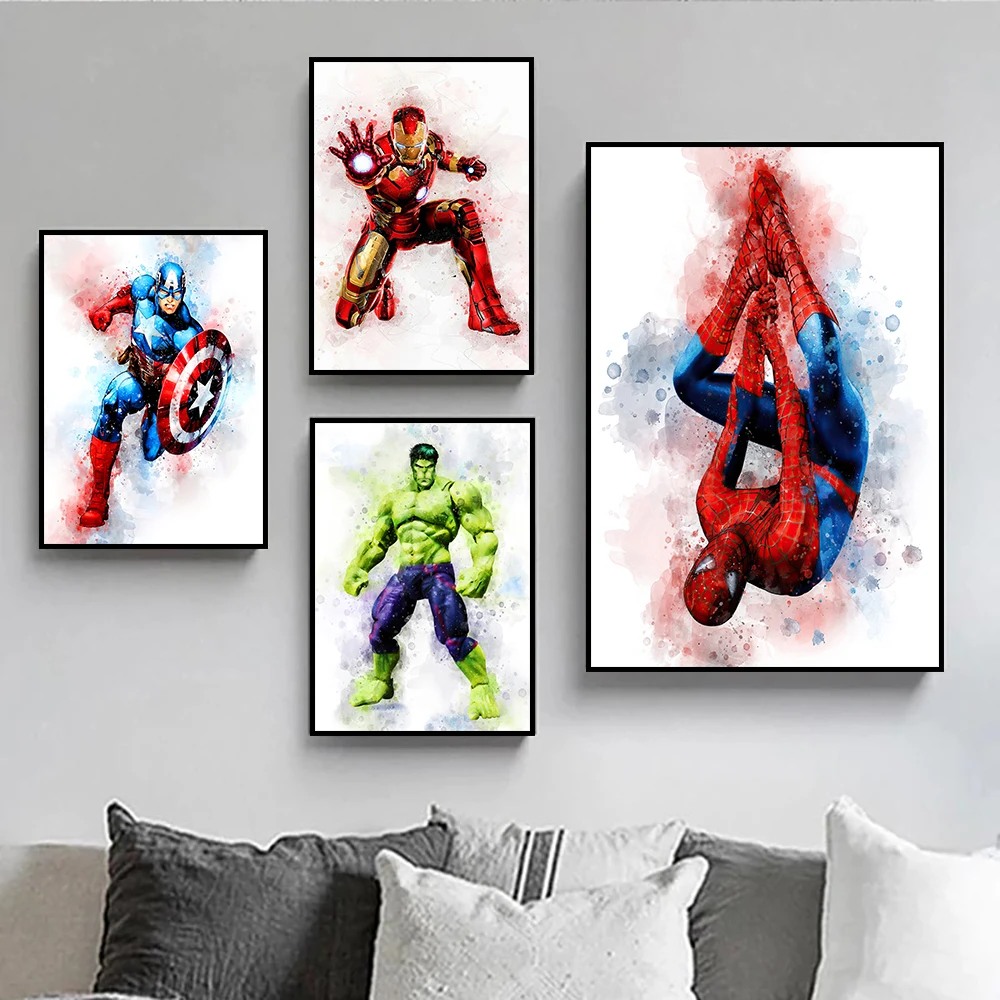 Avengers Watercolor Canvas Painting Marvel Character Movie Poster Kids Room Art Decoration Mural for Modern Home Wall Decor Gift