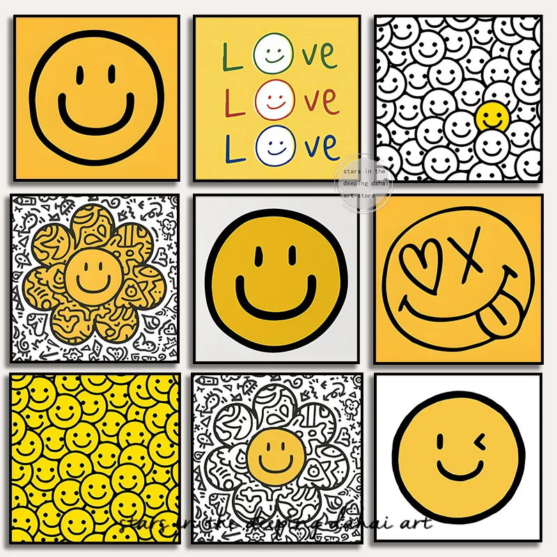 Funny Cute Motivational Smiling Face with Sunflowers Art Posters Canvas Painting Wall Prints Pictures for Living Room Home Decor