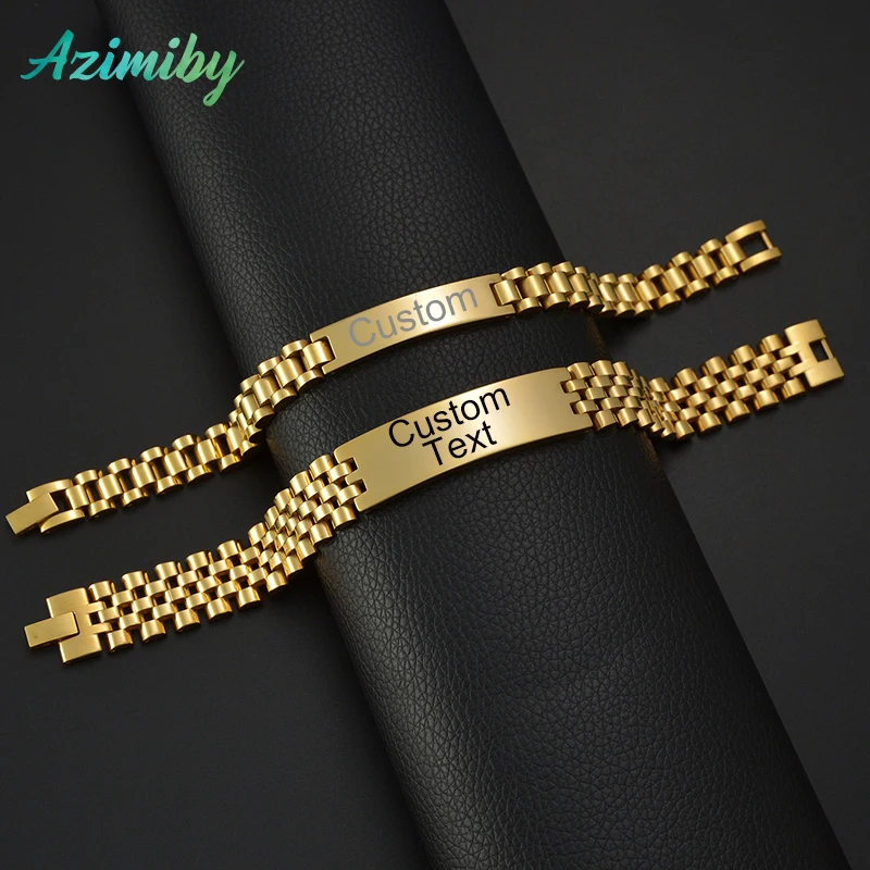 

Azimiby Stainless Steel Engraving Name Custom Women Men Bracelets Punk Thick Cuban Chain Customized Couple Boyfriend Jewelry