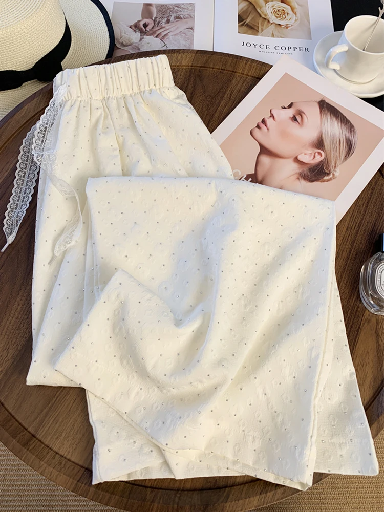 Zoki-pantalones de pierna ancha con diamantes para mujer, pantalón elegante, holgado, de cintura alta, a la moda, informal, con cordones coreanos, dulces, para verano