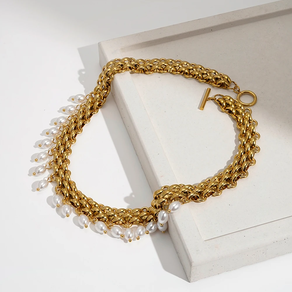 

ENFASHION Para Mujer OT Buckle Geometry Oval Pearl Chain Necklace For Women's 18K Plated Gold Stainless steel Jewelry P233412