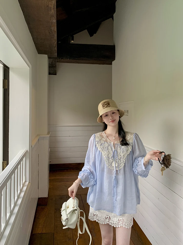 

Ele Daisy Patterned Heavy-Stitching 00% Flax irt Collar Lace Trim Women's Summer Top Loose Fit French Sle Seven-Quar...