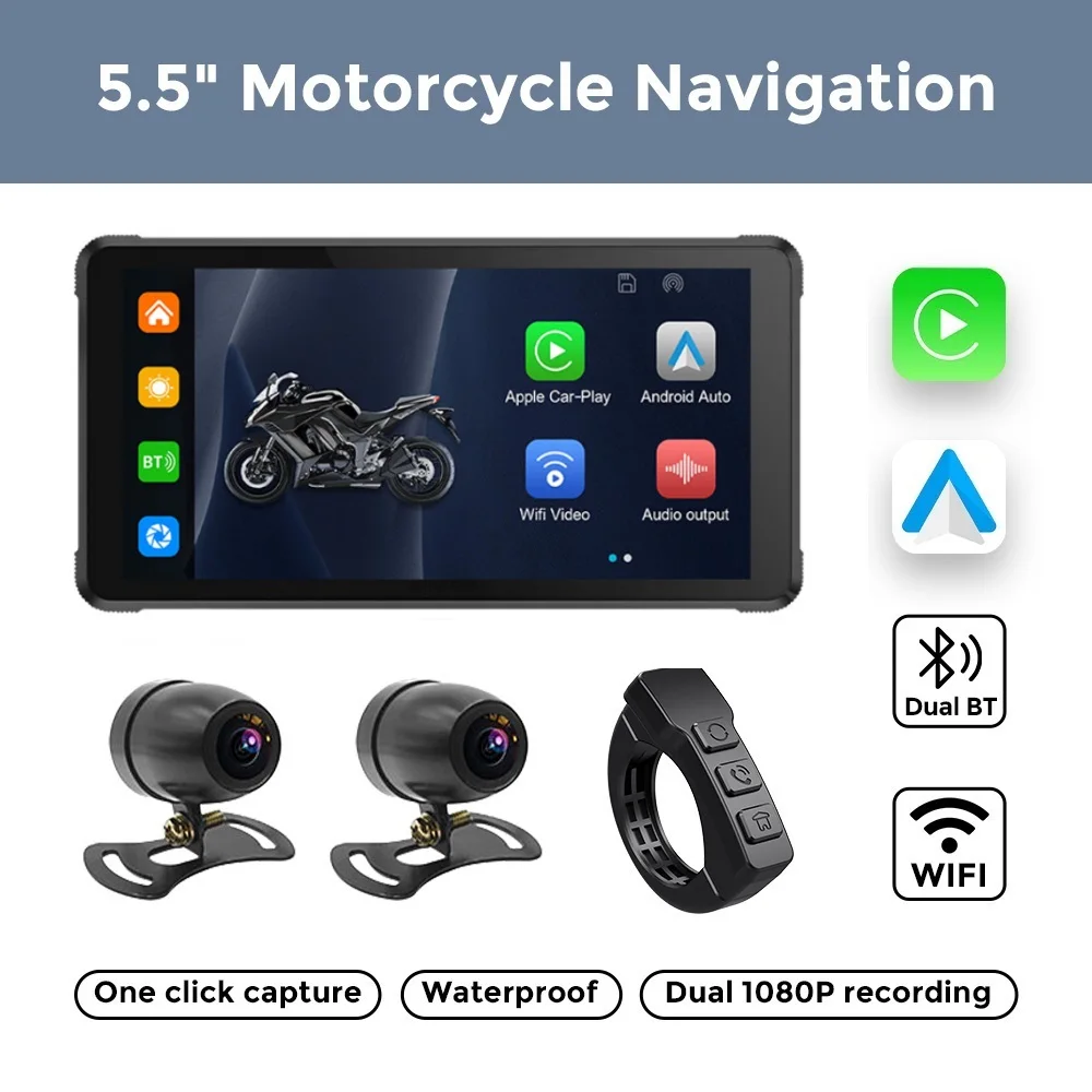 5.5Inch Carplay Android Auto Toestel | Carpuride Voor Motorfietsen Ipx7 Waterdichte Moto Één Klik Captudual Opname Maps Bt Dvr