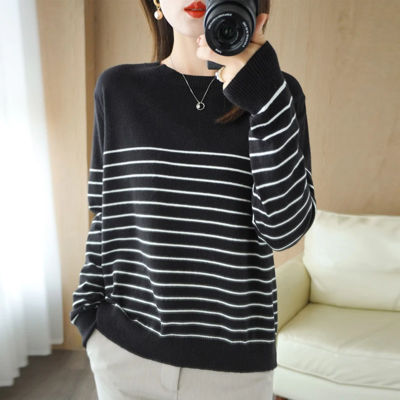 100% Cotton Knitted Sweater Women\'s Sweater Striped Color Matching Round Neck Large Size Loose Temperament Long Sleeve Bottoming