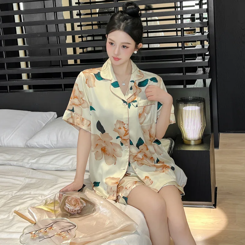 

Short Sleeve Shirt Shorts Pajamas Set Sleepwear Women Nightwear Print Flower Satin Loungewear Female Pyjamas Suits