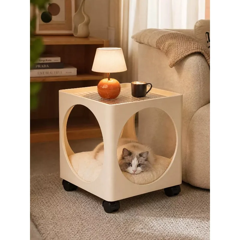 Rolling Pet-Friendly Nightstand Cat Bed Cream Finish Multi Storage Side Table Wheels Bedroom Small Space