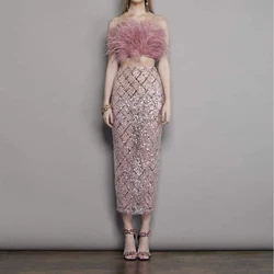Factory Wholesale women's Dark Pink Feather Strapless Bandage Top&Sequins Skirt Sexy Two Piece Set Celebrity Party Sets