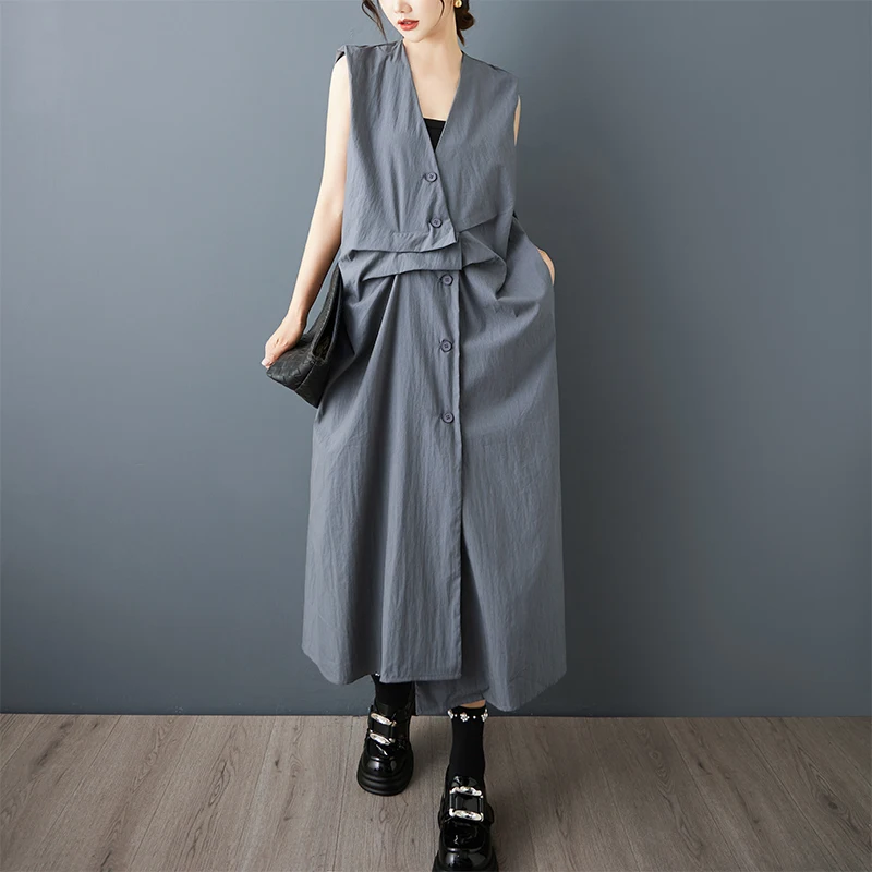 SuperAen Solid-color Asymmetrical Pleated Sleeveless Shirt Dress for Women Summer New Fashion and Casual Loose V-neck Dresses
