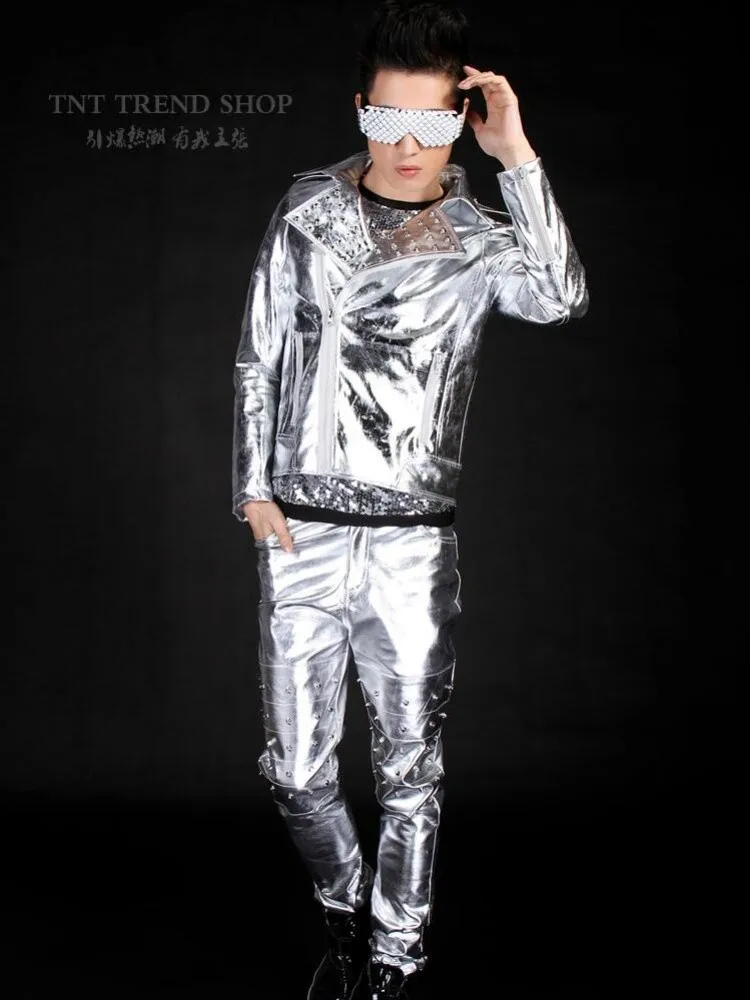 Nuovi uomini moda Plus Size rivetto giacca in pelle argento Hip Hop Rock abbigliamento in pelle moto pantaloni cantante maschile costumi di scena