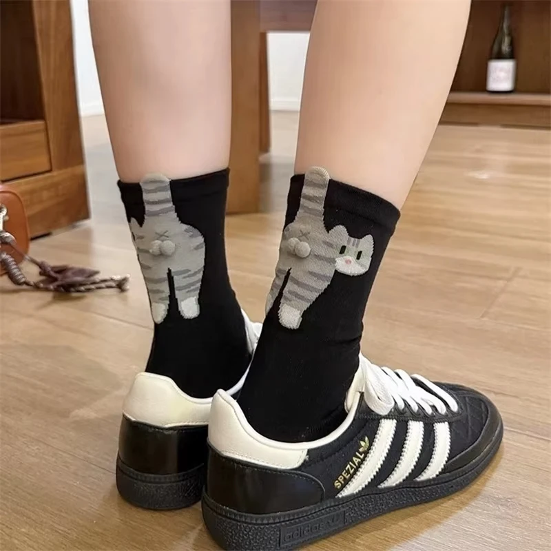 Cute Cat Socks Black/White Funny Cat Cotton Socks Breathable Soft Girl Women Novelty Stocking Kawaii Gift Sock Set