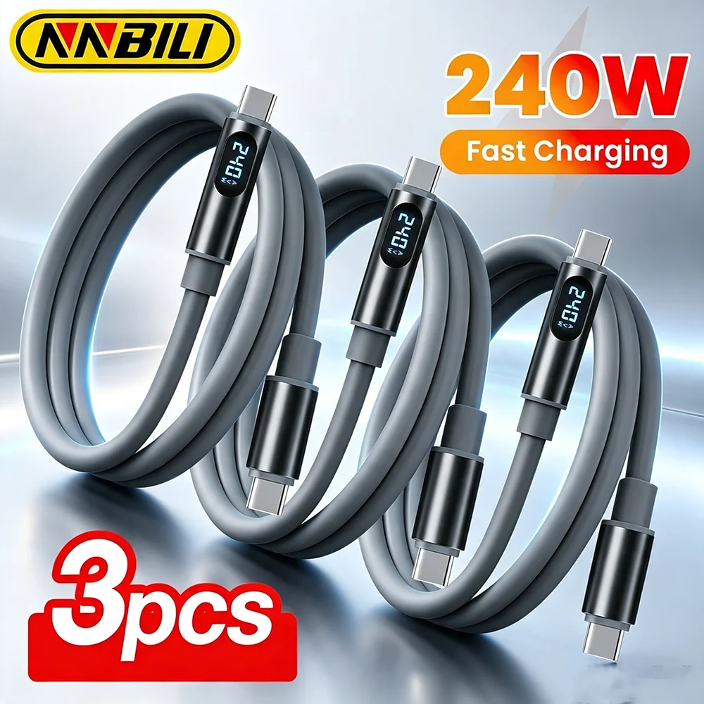 240W LED Watt Display Cable Fast Charging Phone Charger Data Cord For iPhone Samsung Xiaomi Huawei USB Type C Quick Charge Wire
