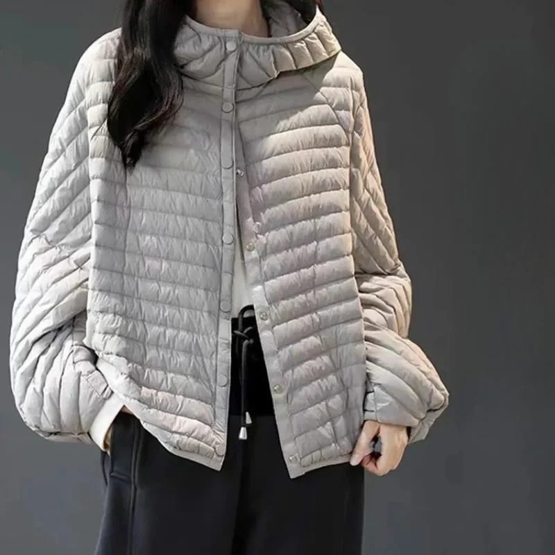 

Grey Stripe Loose Cotton-padded Jacket Women's Winter Casual Hooded Stand Collar Single Breasted Design Short Versatile Coat