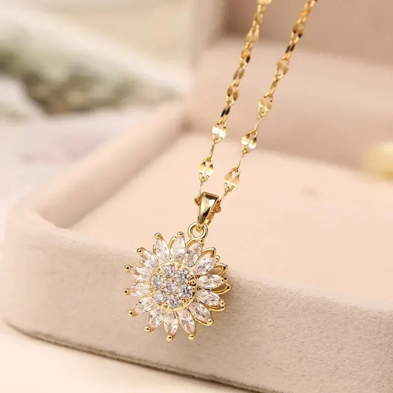 Classic Sunflower Cubic Zirconia Pendant Necklaces For Women Gold Color Alloy Rotate Necklace Daily Jewelry