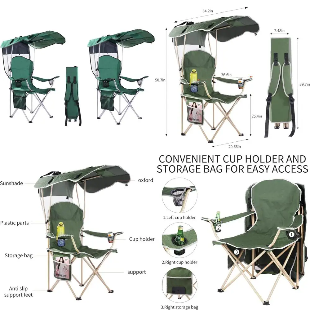 كرسي بمظلة قابل للطي للمغامرات الخارجية - كرسي تخييم متين من قماش أكسفورد 600D وكرسي للشاطئ مع ظل