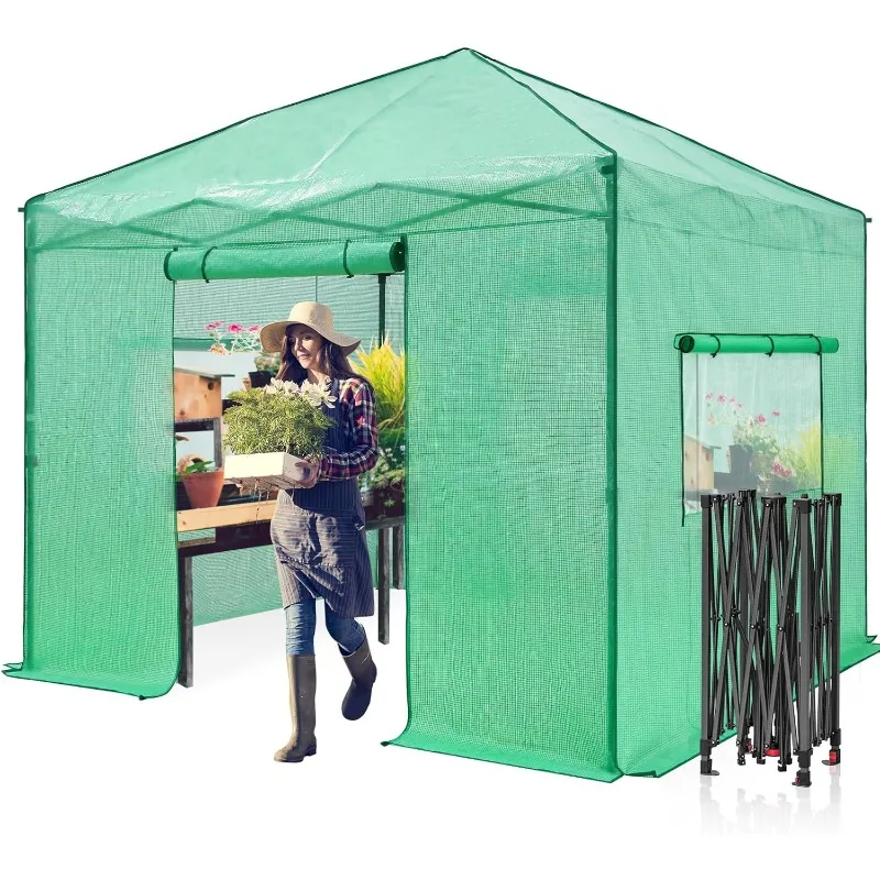 10x10 Portable Walk-in Greenhouse, Pop-up Indoor Outdoor Garden Green House, Zippered Doors and Windows, PE Cover, Green