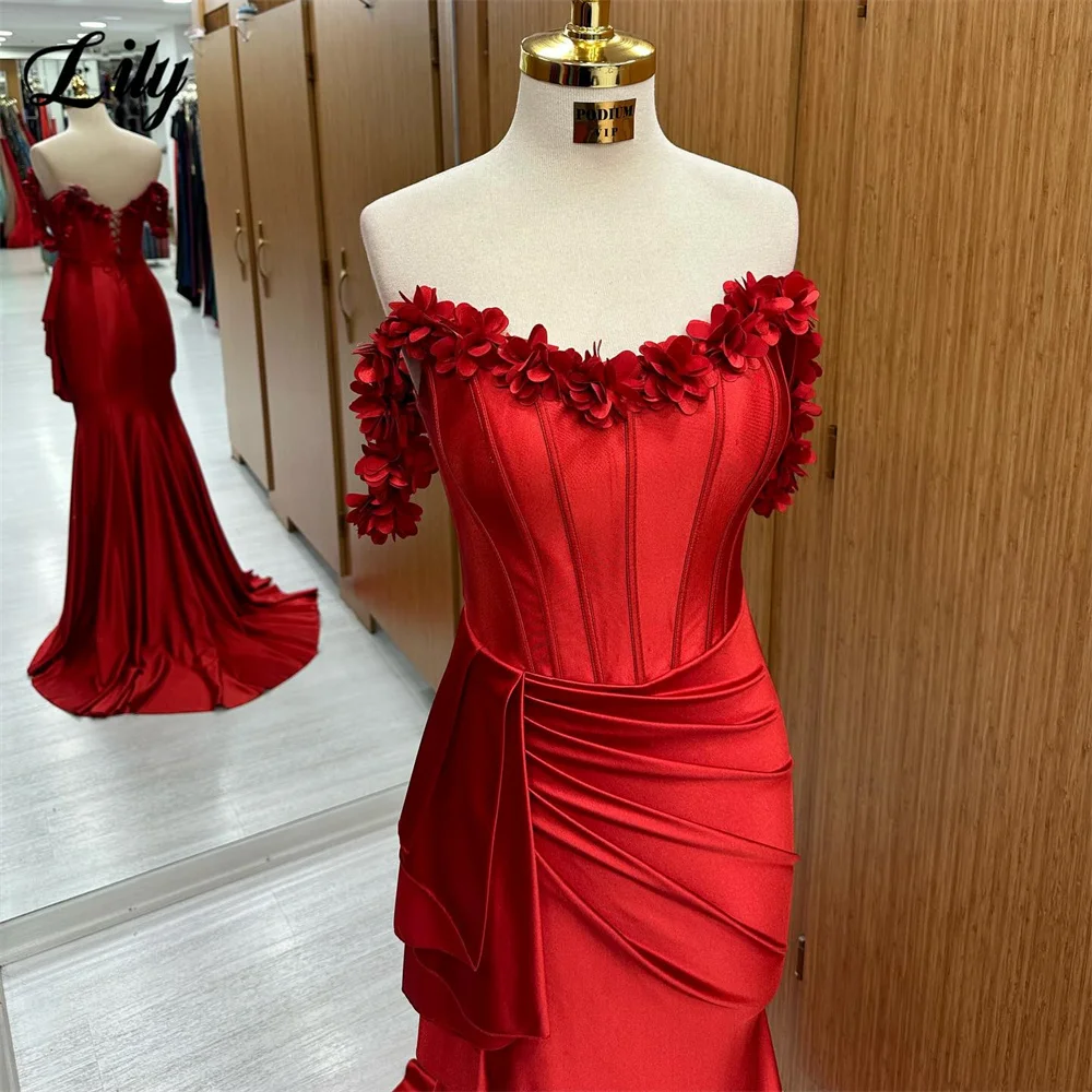 Lily Red Prom Dress Off The Shoulder 3D Flowers Evening Dress With Pleat Mermaid Satin Party Dress Side Split Robe De Soirée