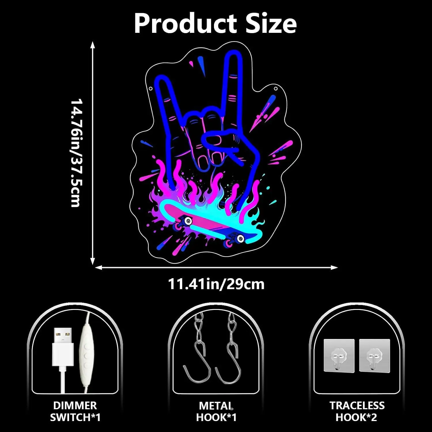 Rock Hand Skateboard Neon Sign USB Dimmable LED Lights For Rock Music Themed Bedroom Gameroom Bar Man Cave Wall Art Decor Gift