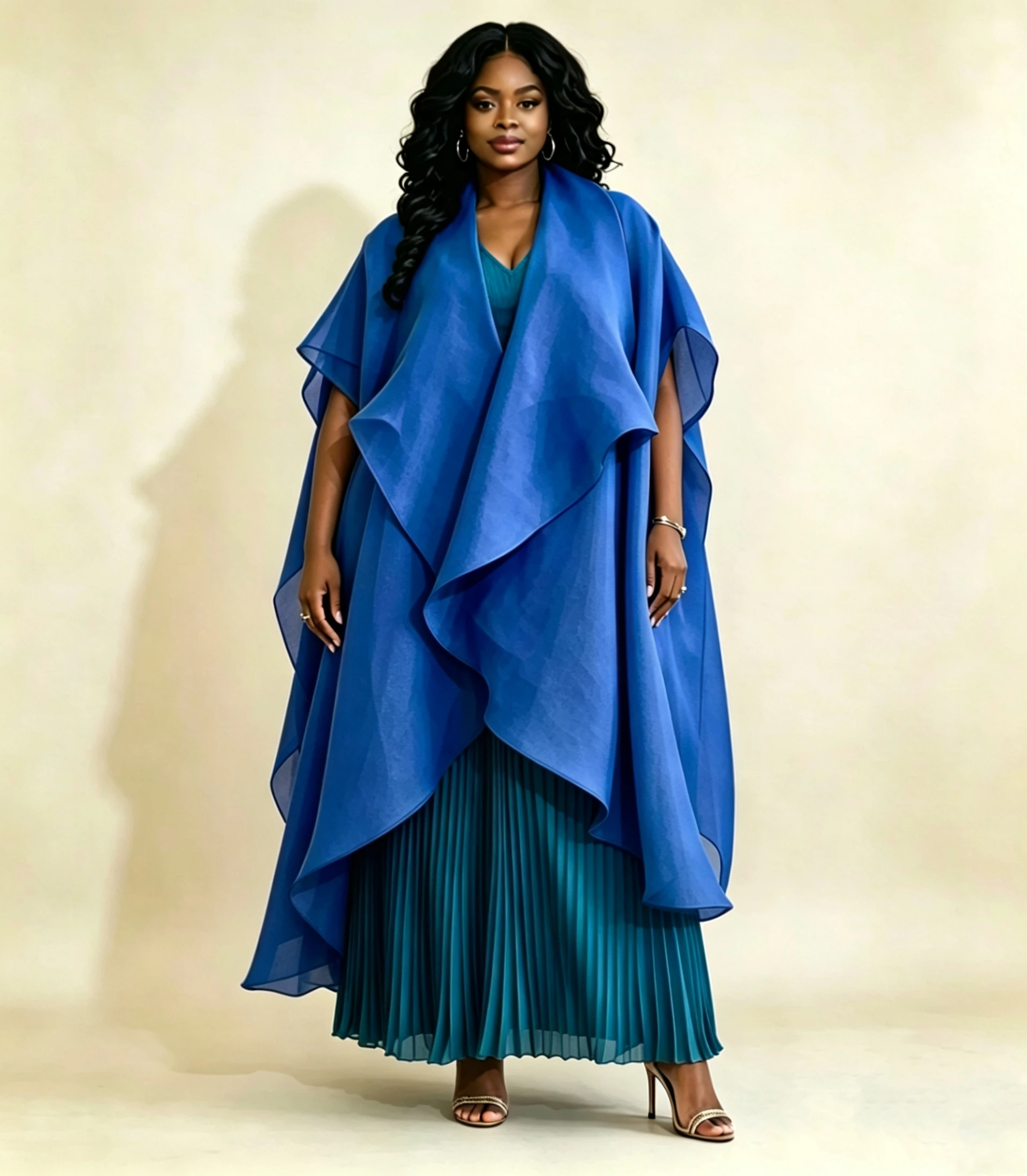 Übergrößen Damen 3-Teiliges Hosen-Set Elegantes Cape-Oberteil und Plissierte Hose Abend-Party-Outfit – Detail 4