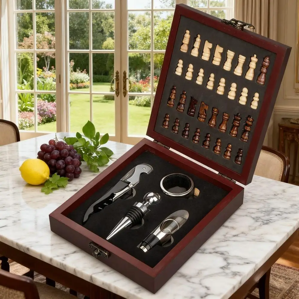 Juego de abridor de vino con tablero de ajedrez, juego de accesorios para vino de 4 piezas, adecuado para entretenimiento, amantes del vino, presentador y como regalo