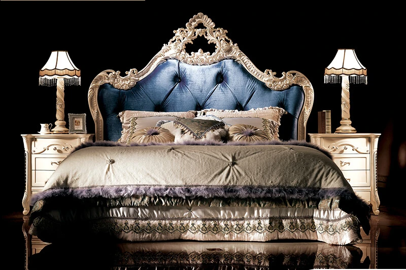 European-style cloth bed solid wood double bed carved white 1.8m luxury princess bed master bedroom.