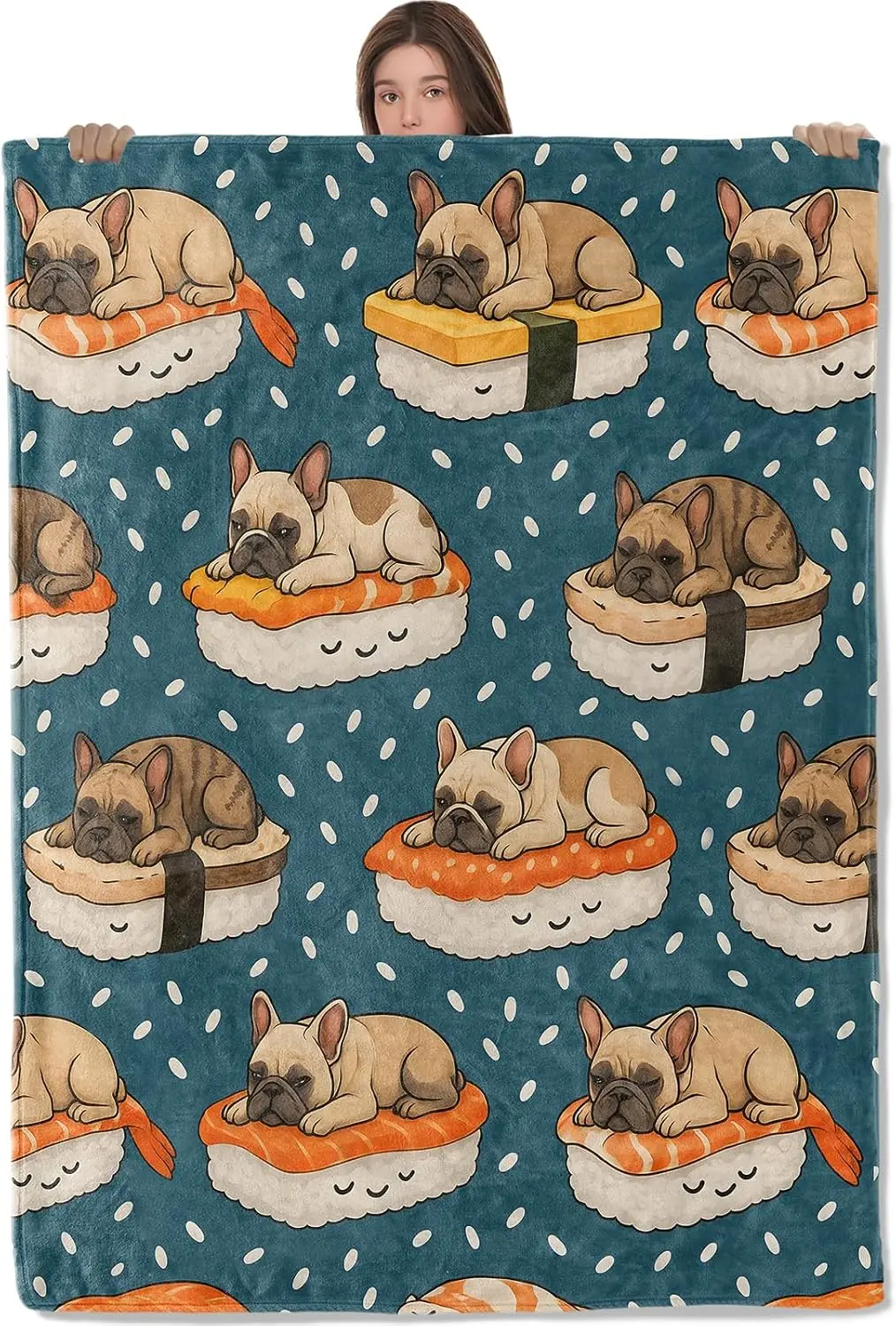 Cartoon Repeating French Bulldog Lying On Salmon Sushi Blue Rice Grain Pattern Fleece Blanket Sweet Decor Cover Family Living