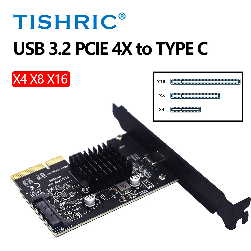 TISHRIC 20Gbps USB 3.2 PCIE 4X To Type C Gen2 Adapter Riser Card PCI Express 4X 8X 16X Expansion Card ASM3242 PCIE Controller