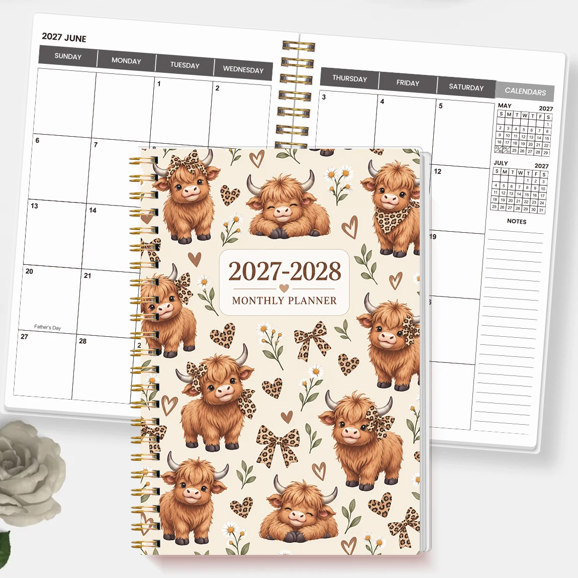 1PC 2027-2028 Monthly Planner Notebook, A5 Cream Highland Cow Spiral Calendar with Leopard Bows, for Office, Work & School