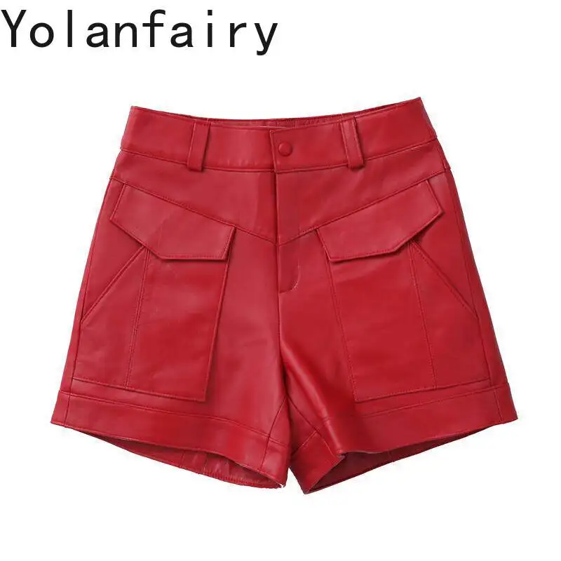 

YOLANFAIRY Autumn Women Red High Waist Wide Leg Genuine Sheepskin Leather Shorts Casual Real Leather Boot Pants Black Shorts