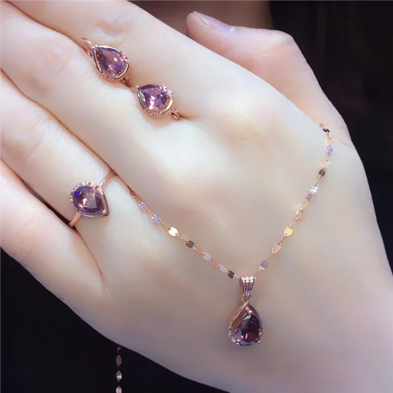 Plated 14K Rose Gold Water Drop Amethyst Jewelry Sets Romantic Delicate Earrings for Women Wedding Ring Necklace