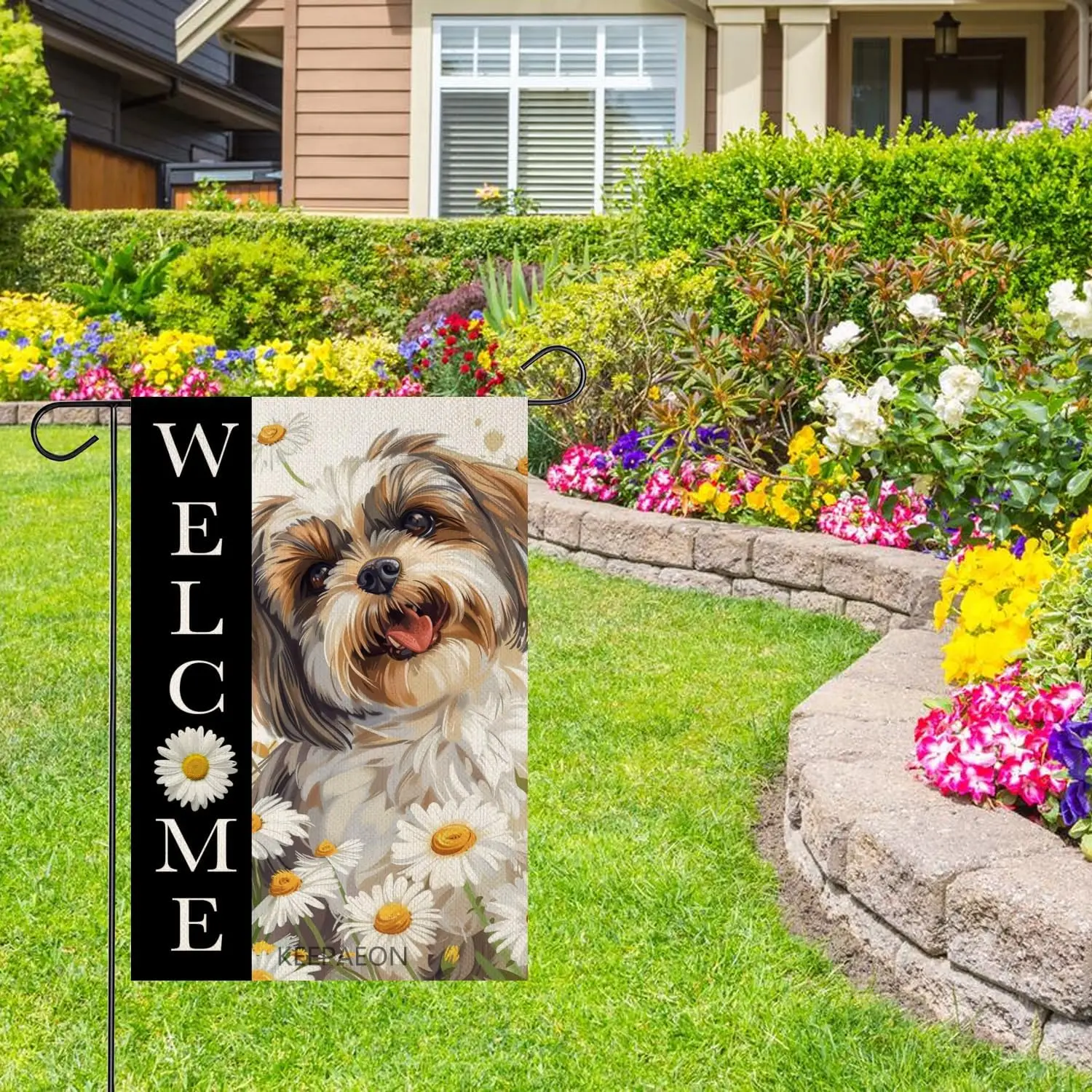 Shih Tzu With White Daisy Welcome Garden Flag 12x18 In Seasonal Outdoor Linen Double-Sided Large Yard Flag for Home Decor Lawn P