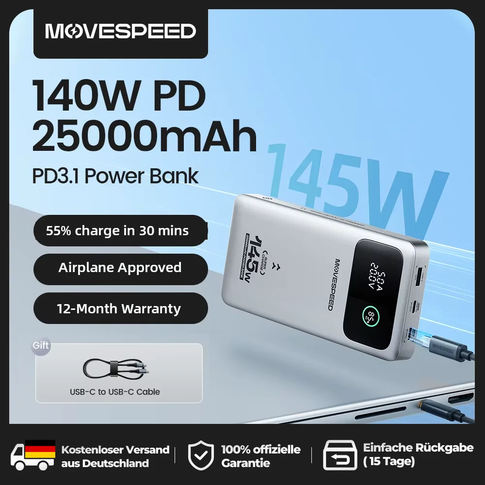 【CCC】MOVESPEED M25 Pro Power Bank 140 W USB C Fast Charge 25000 mAh Externe Batterie-Powerbank für iPhone MacBook Lenovo Laptop