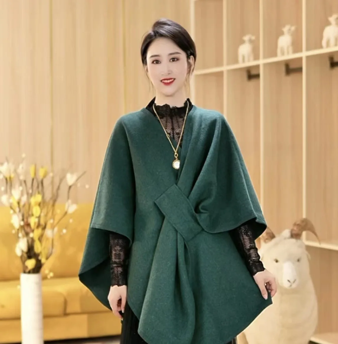 8 Colors Winter Faux Woolen Women New Long Poncho Cloak Fashion Belt Outside Streetwear Shawl Cappa Oversize Loose Coat