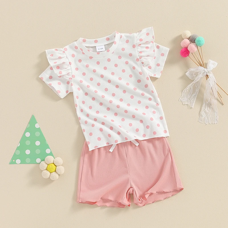 

Toddler Baby Girl Summer Clothes Dot Ruffle Short Sleeve T-Shirt Tops Ribbed Shorts 2Pcs Outfits Set