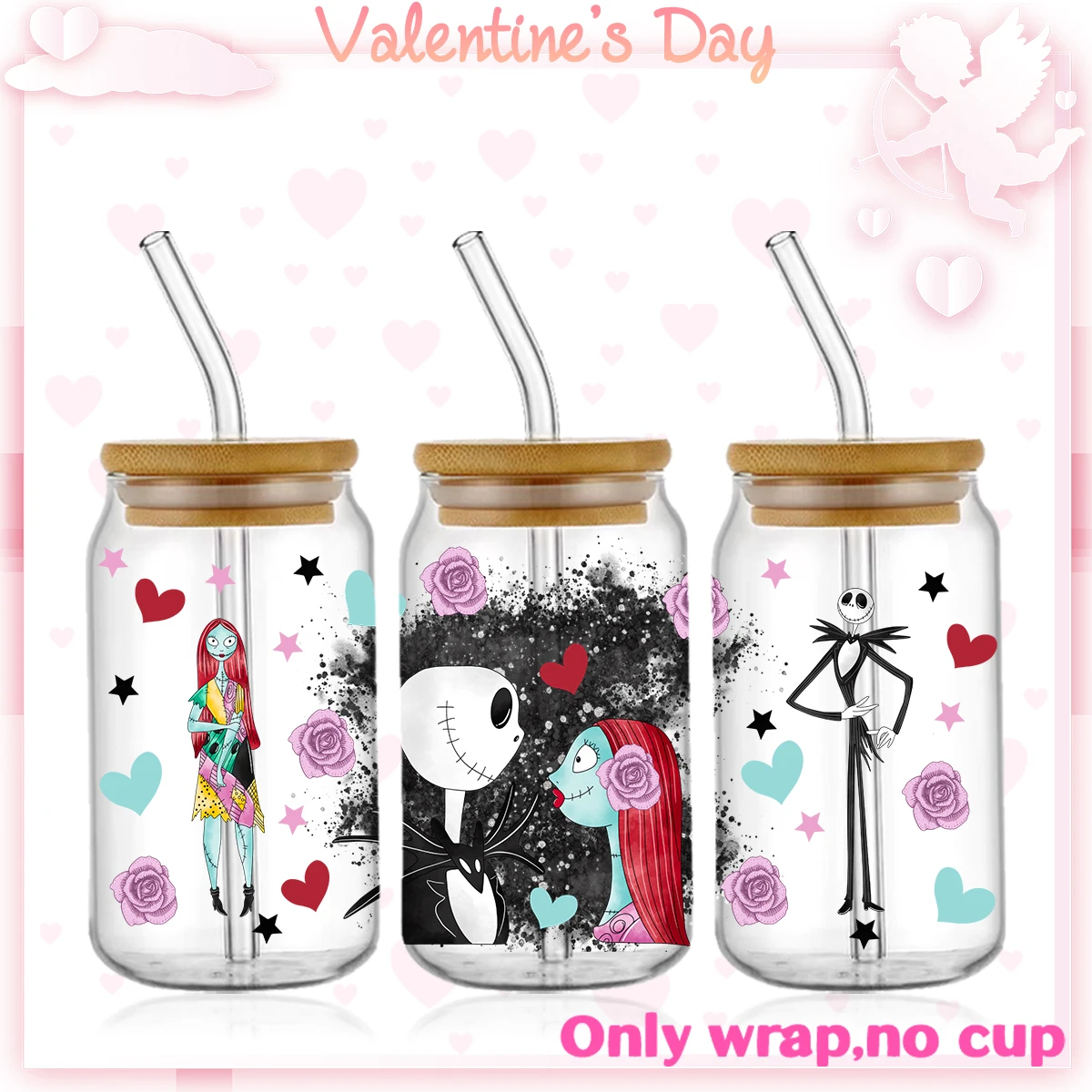 Valentine\'s Day UV DTF Cup Wrap Transfers 16oz Libbey Tumbler Stickers Decal Glass Can Waterproof