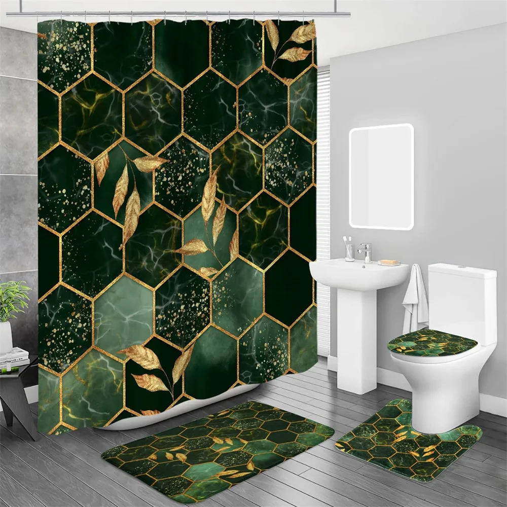 

Geometric Hexagonal Pattern Shower Curtain set Geometric Modern Home Bathroom Carpet Bath mat Toilet seat mat Bathroom Decor