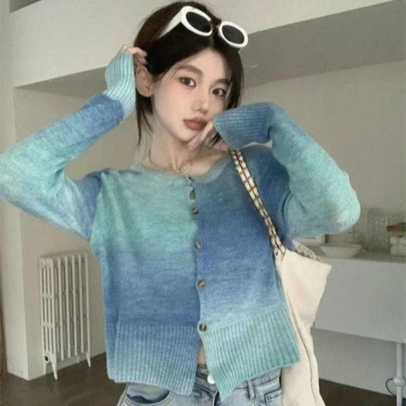 Sweater Blue Green Tie Dyed Knitted Cardigan Women New Autumn Short Gentle O Neck Sweater Coat Long Sleeve Cardigan Female Top