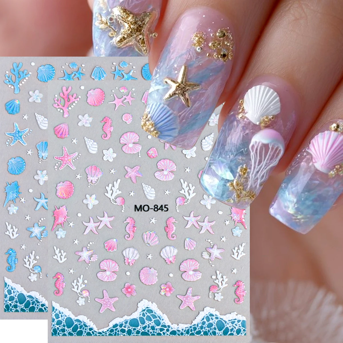Ocean-Themed Nail Stickers, Dreamy Summer Seashell Starfish Embossed Nail Stickers, Conch Jellyfish Seaside Nail Decals.