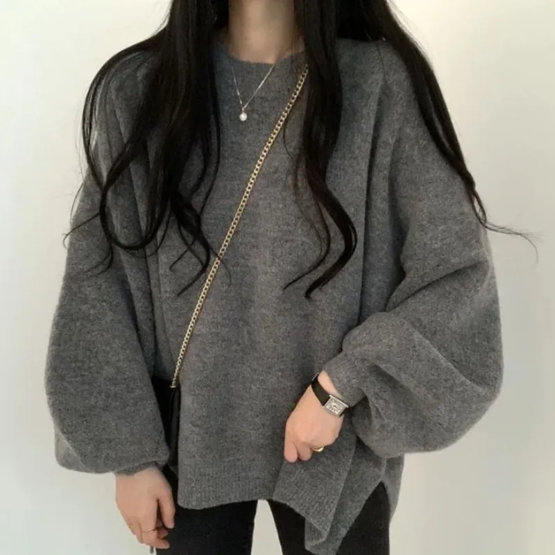 

Chic Autumn Winter round Ne Sweater Women's Loose Long Sve Thermal Overhead Knitted Dr with Slit Warm Cozy Faionable