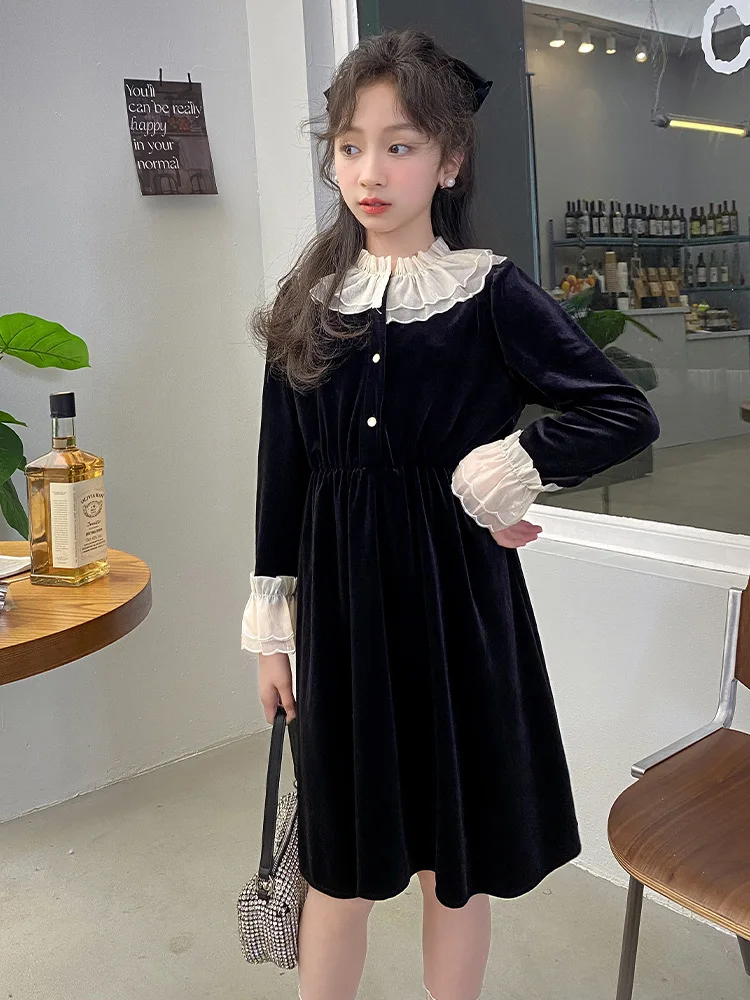 

Velvet Dress for Girls Long Sleeve Ruffle Casual Princess Dress Vintage Holiday Velvet Party Fall Winter A-Line Midi Dresses