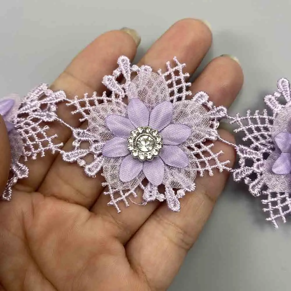 10Pcs Purple Flowers Pearl Beaded Ribbon Embroidered Lace Trim Applique Fabric Handmade Wedding Dress DIY Sewing Supplies Crafts