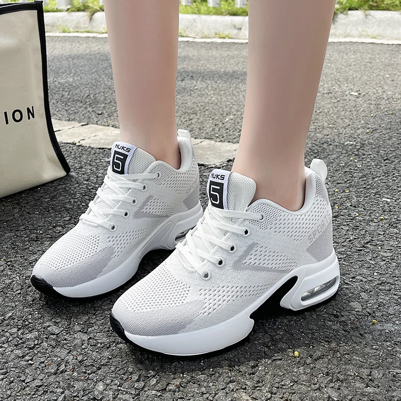 

Air Cushion sports casual shoes woman height increase 6cm fashion hard wearing lace ups female Nonslip white grey mesh shoes
