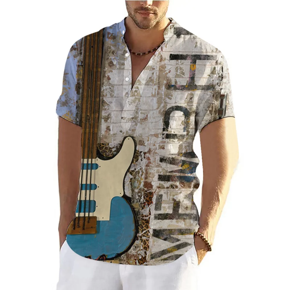 New retro guitar t-shirt men's shirt 3D printed short sleeved shirt instrument pattern clothing summer men's high-quality shirt