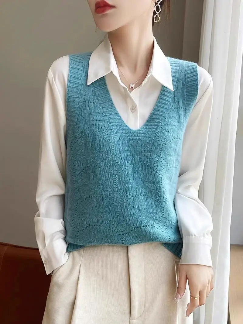 

Вязаный жилет V-Ne, женский свитер с открытыми рукавами, базовый слой, сезон весна-осень, универсальный, без манжеты, стандартная длина