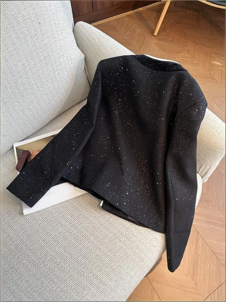 السيدات الجديدة عارضة واسعة الخصر فضفاض مطرزة سترة س الرقبة أبلى مغطاة زر أنيقة المرأة مصمم طويلة الأكمام معطف قصير