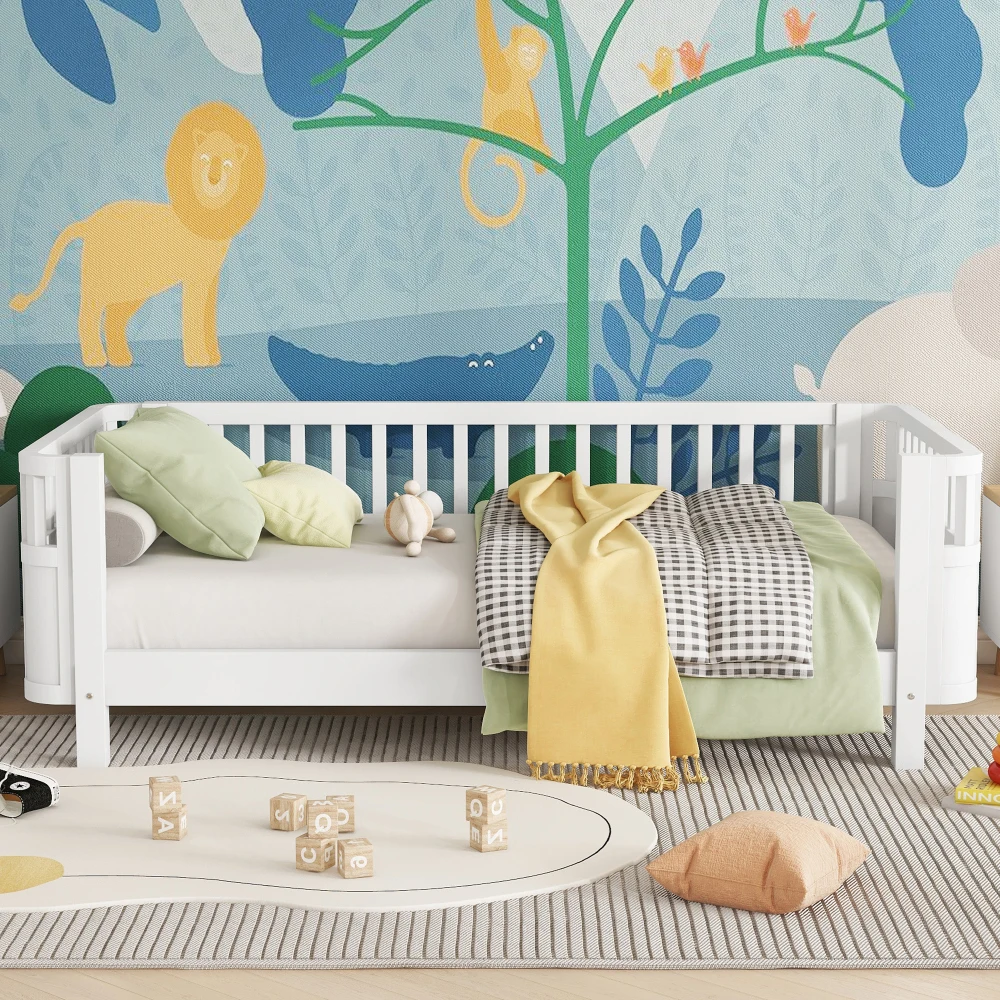Lit plateforme en bois taille twin pour enfants, lit twin à profil bas en bois avec barrières pour filles et garçons, blanc (design breveté)