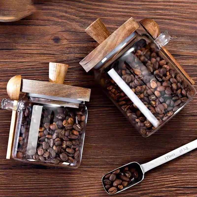 المطبخ الزجاج جرة الحبوب حبوب البن Tealeaf تخزين الحاويات مع غطاء ملعقة خشبية واضح برطمان توابل خزان مقاوم للرطوبة