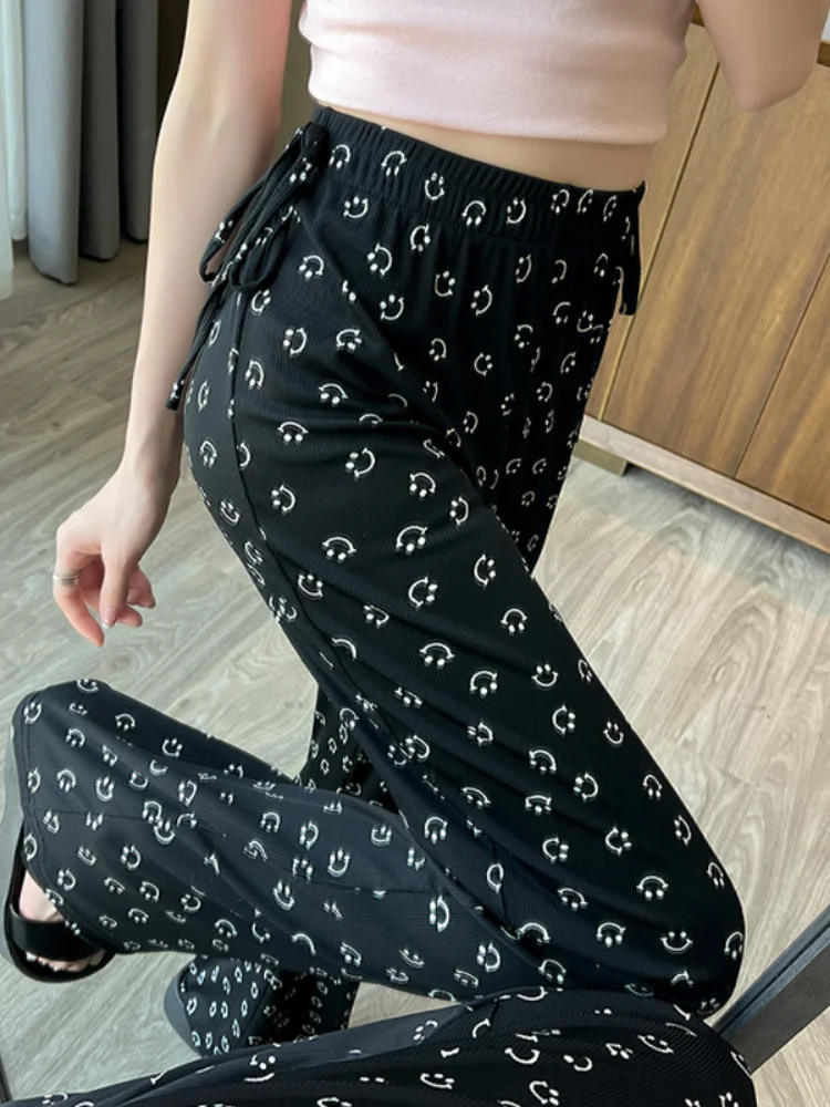 

Korean Fashion Elastic High Waist Female Printed Wide Leg Trousers 2023 Summer Casual Loose Folds Thin Pants Women's Clothing