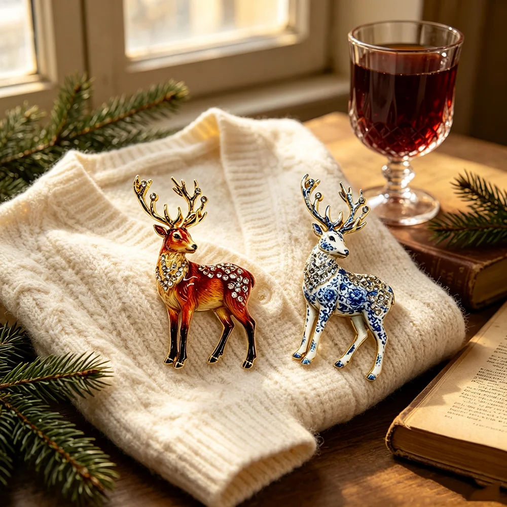 Vintage Emaille Hirsch-Brosche Strass Sika-Rentier Anstecknadel Weihnachts-Tier-Abzeichen Damen Anzug Schal Mantel Mode-Schmuck Geschenk – Detail 5